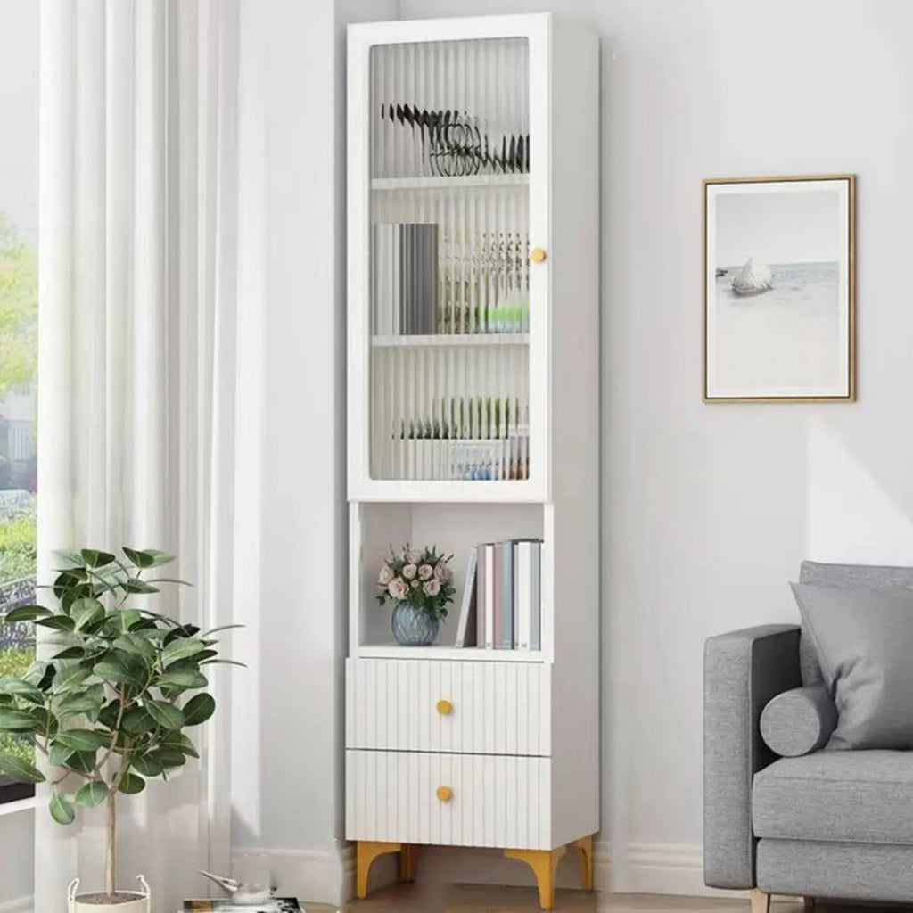 Modern White Glass Wood Storage Cabinet with Gold Metal Base