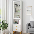 Modern White Glass Wood Storage Cabinet with Gold Metal Base