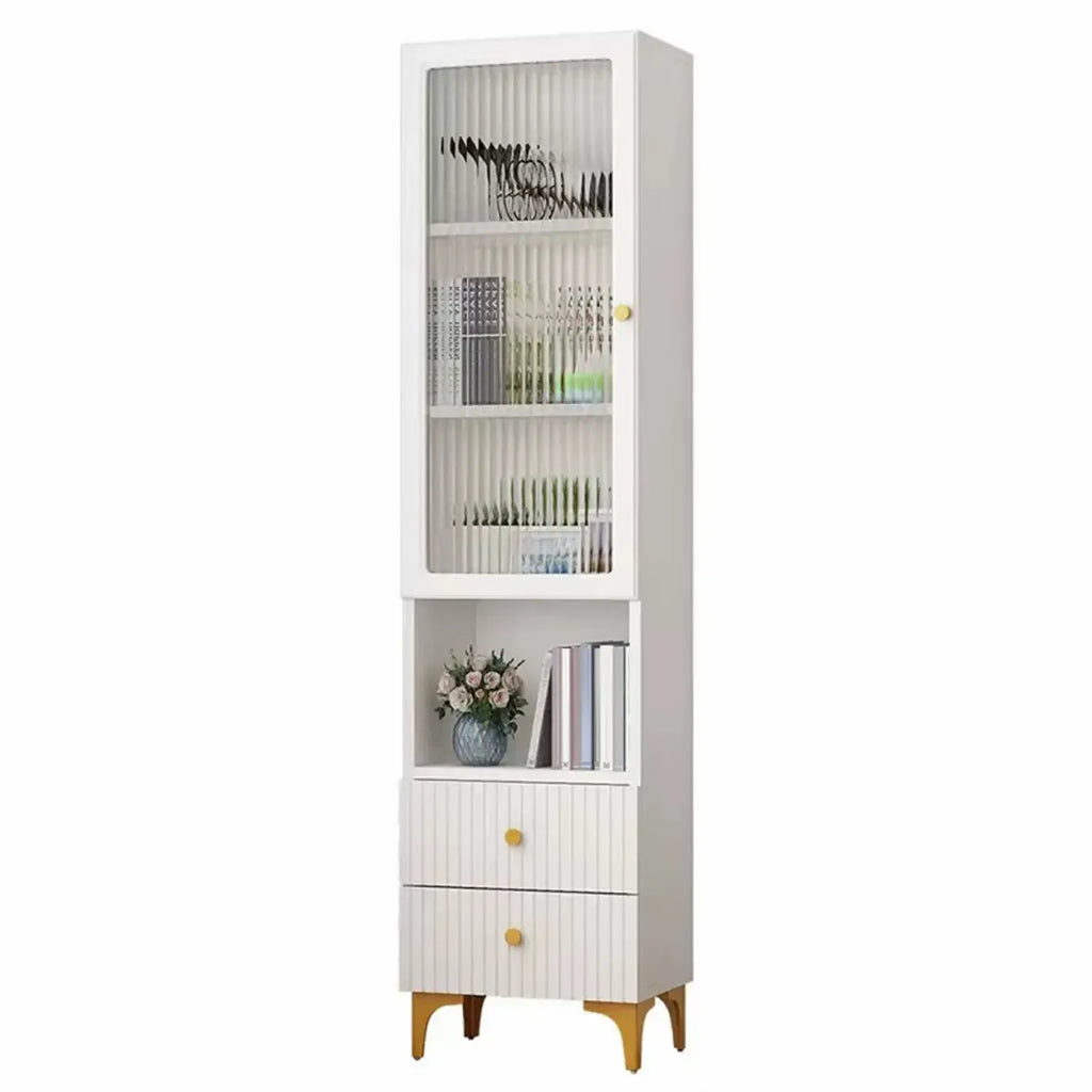 Modern White Glass Wood Storage Cabinet with Gold Metal Base