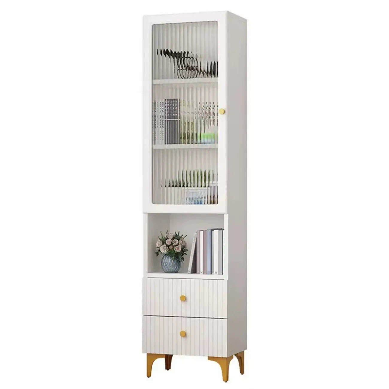 Modern White Glass Wood Storage Cabinet with Gold Metal Base