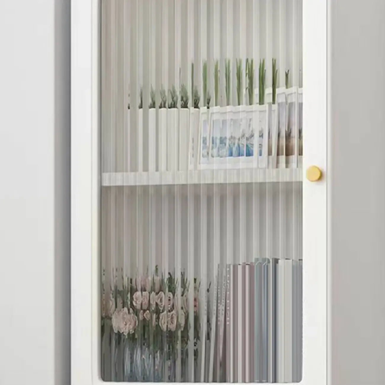 Modern White Glass Wood Storage Cabinet with Gold Metal Base