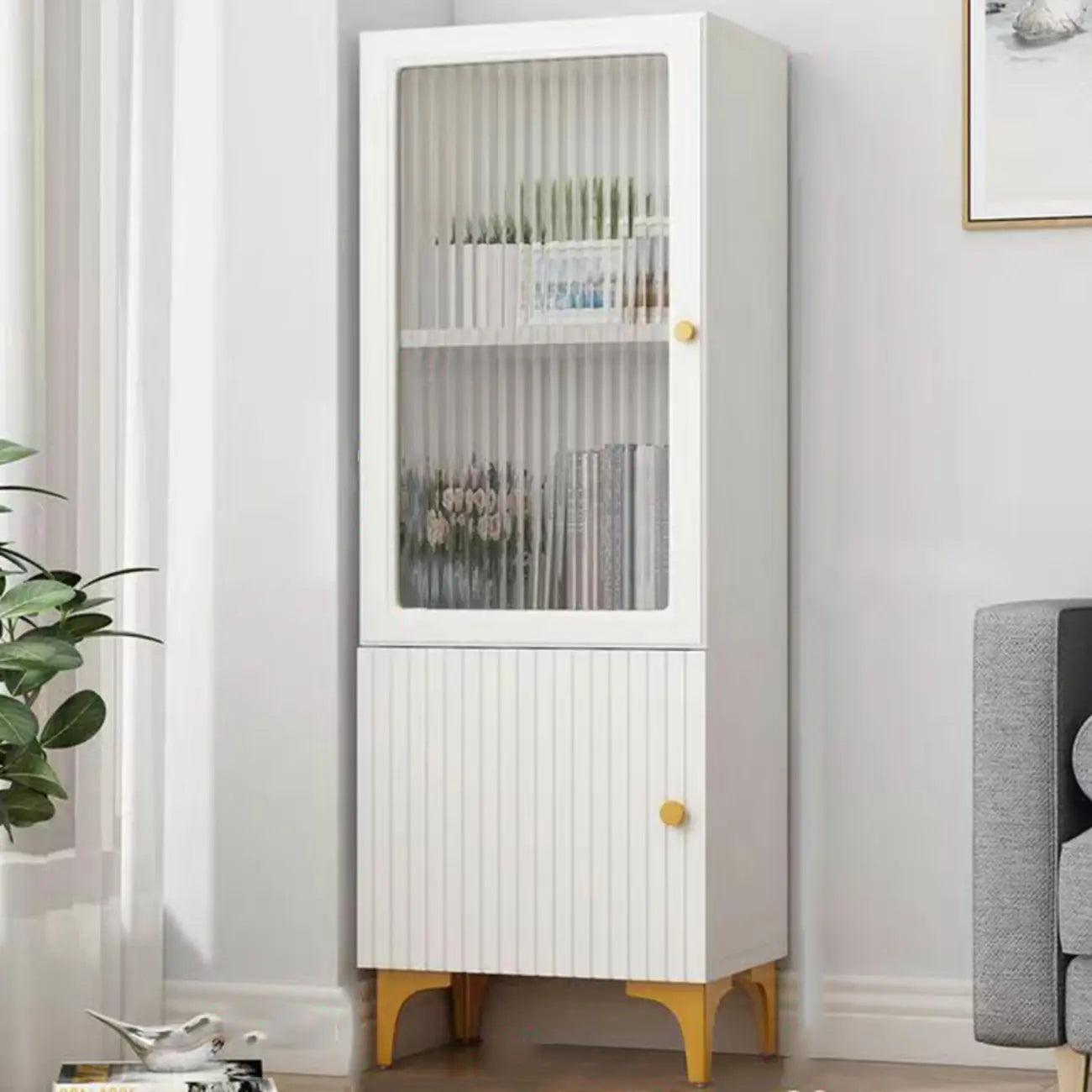 Modern White Glass Wood Storage Cabinet with Gold Metal Base