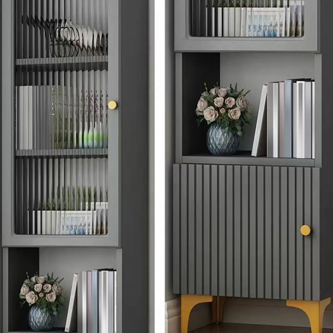 Modern White Glass Wood Storage Cabinet with Gold Metal Base