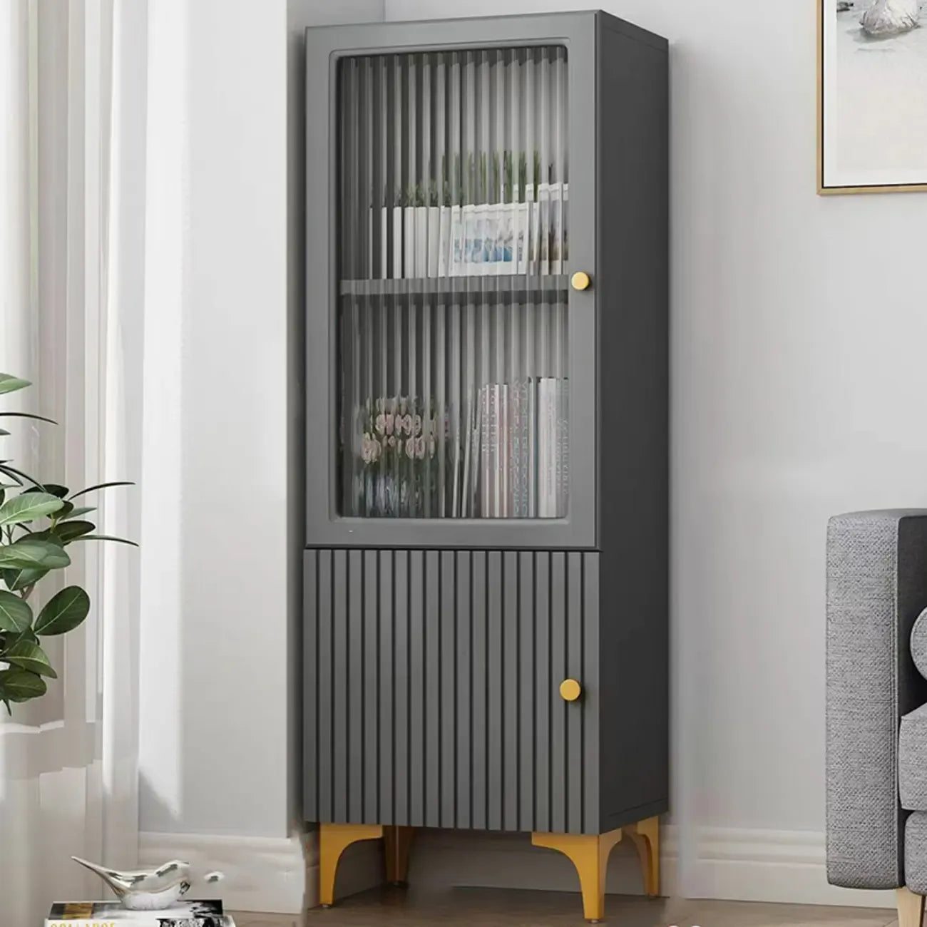 Modern White Glass Wood Storage Cabinet with Gold Metal Base