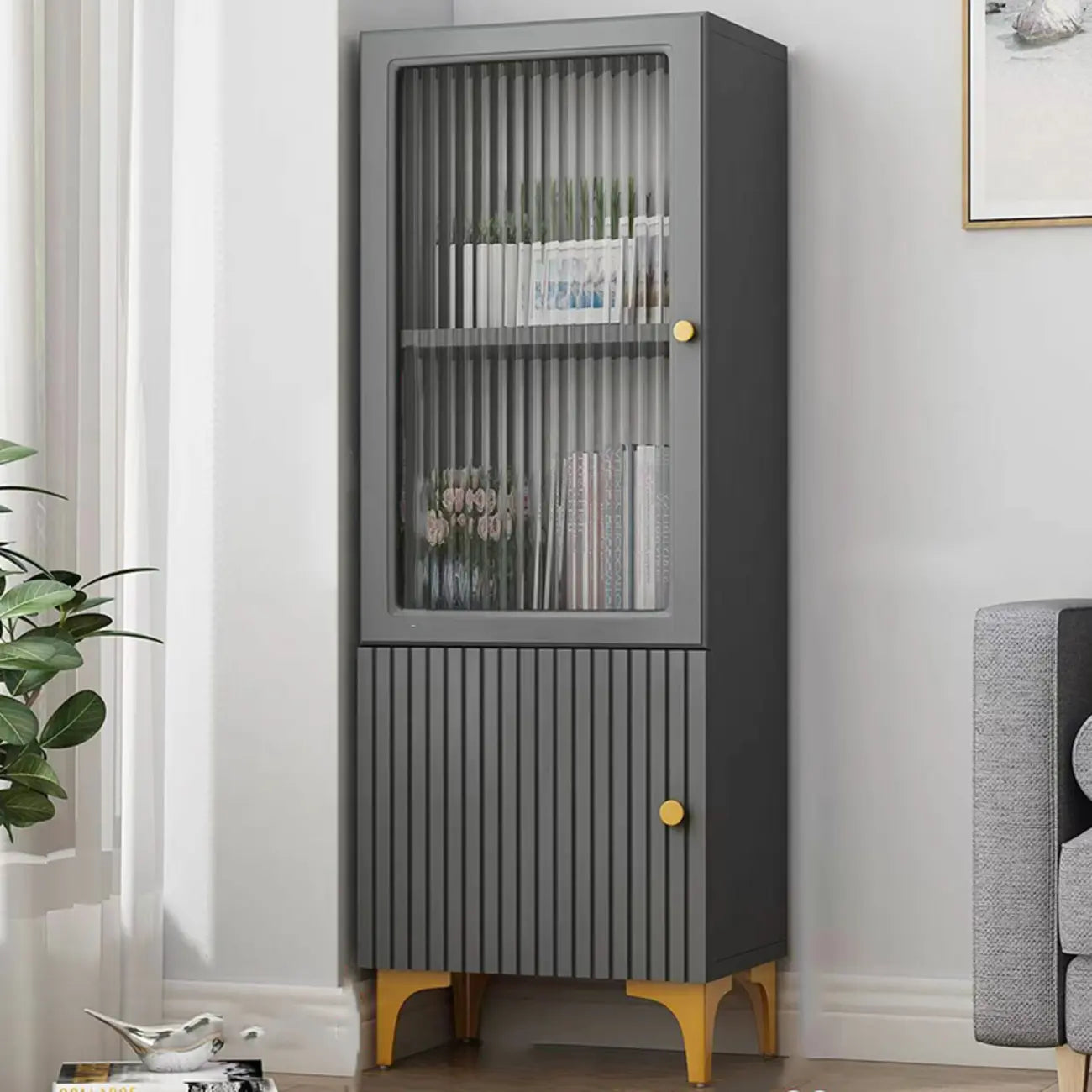 Modern White Glass Wood Storage Cabinet with Gold Metal Base