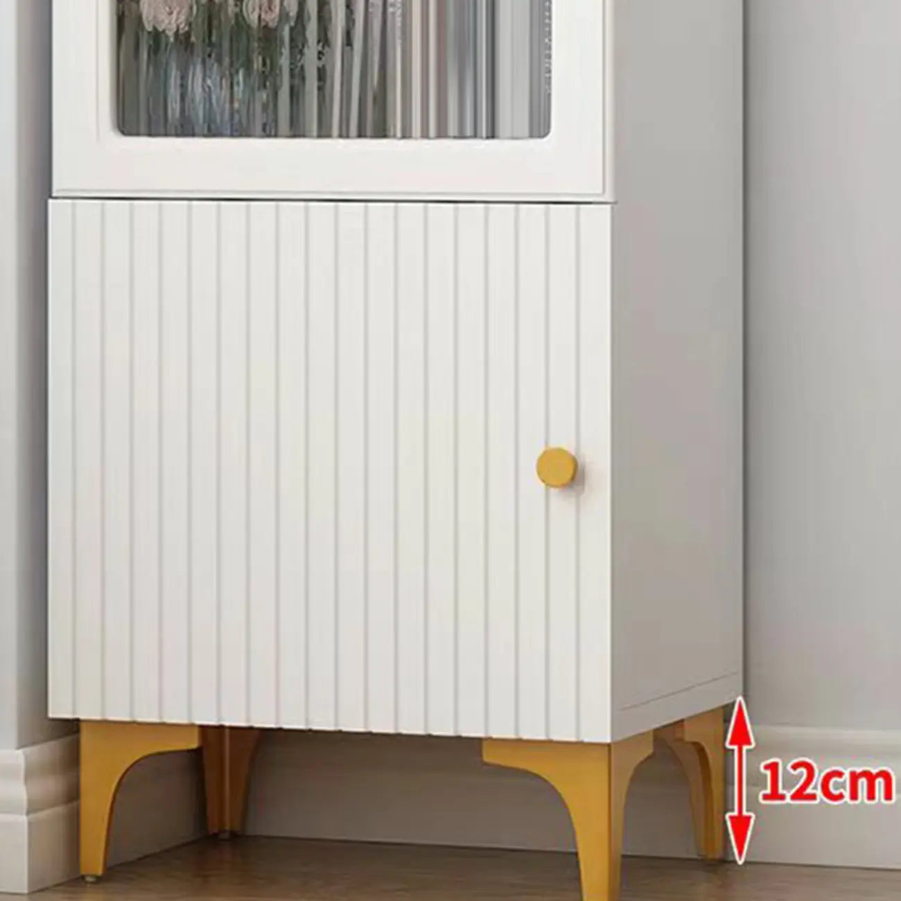 Modern White Glass Wood Storage Cabinet with Gold Metal Base