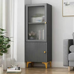 Modern White Glass Wood Storage Cabinet with Gold Metal Base
