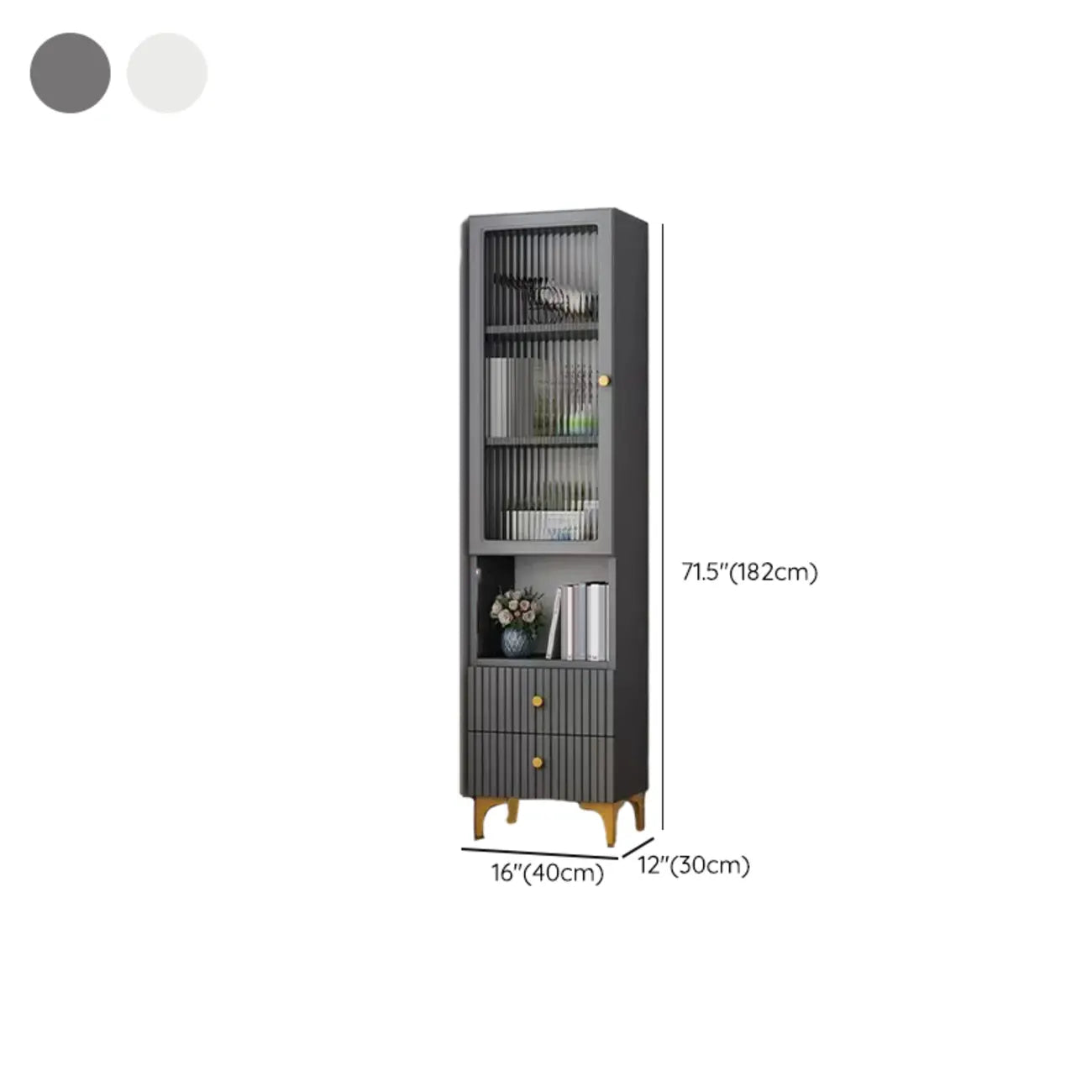 Modern White Glass Wood Storage Cabinet with Gold Metal Base