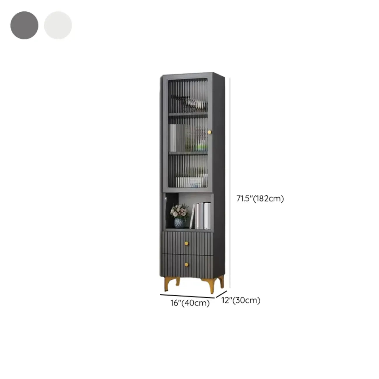 Modern White Glass Wood Storage Cabinet with Gold Metal Base