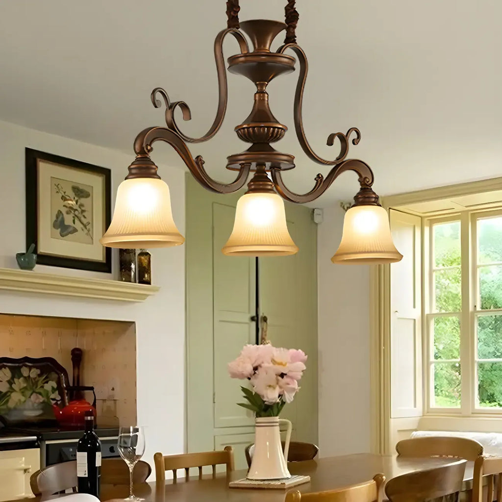 Vintage Brown Metal Frosted Glass Island Pendant Light