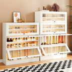 Hallway White Wood Shoe Cabinet with Glass Doors