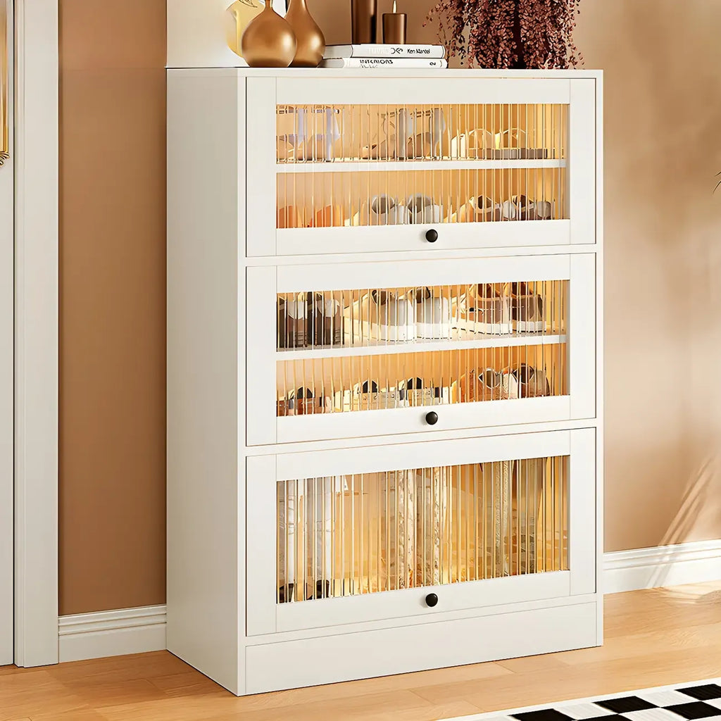 Hallway White Wood Shoe Cabinet with Glass Doors