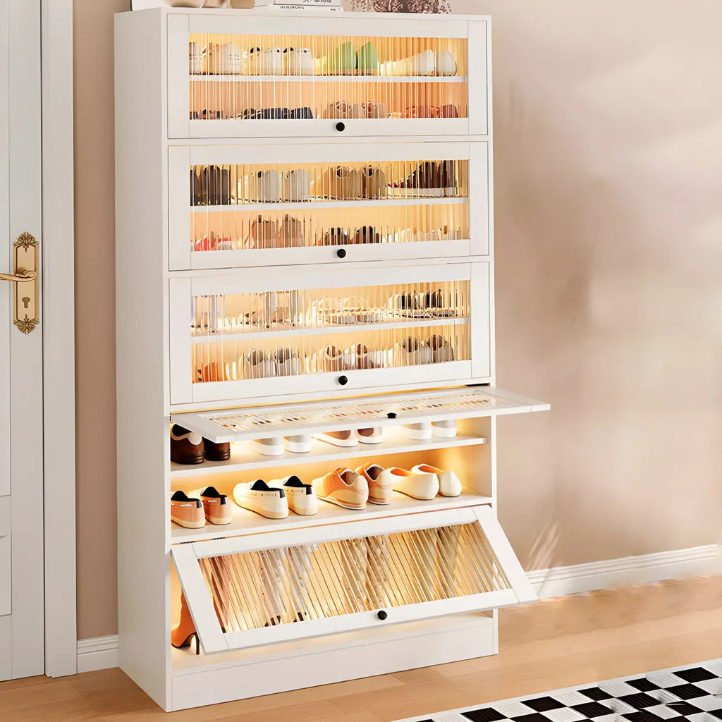 Hallway White Wood Shoe Cabinet with Glass Doors