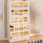 Hallway White Wood Shoe Cabinet with Glass Doors
