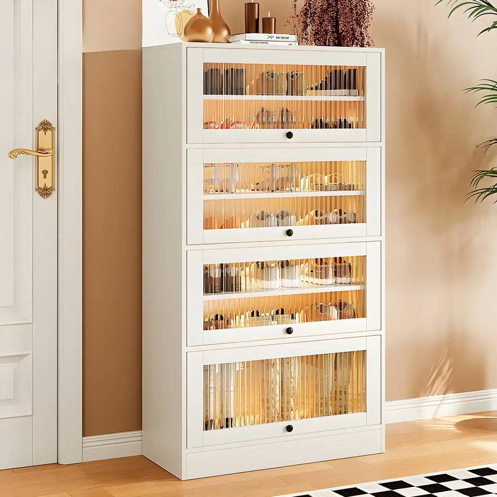 Hallway White Wood Shoe Cabinet with Glass Doors