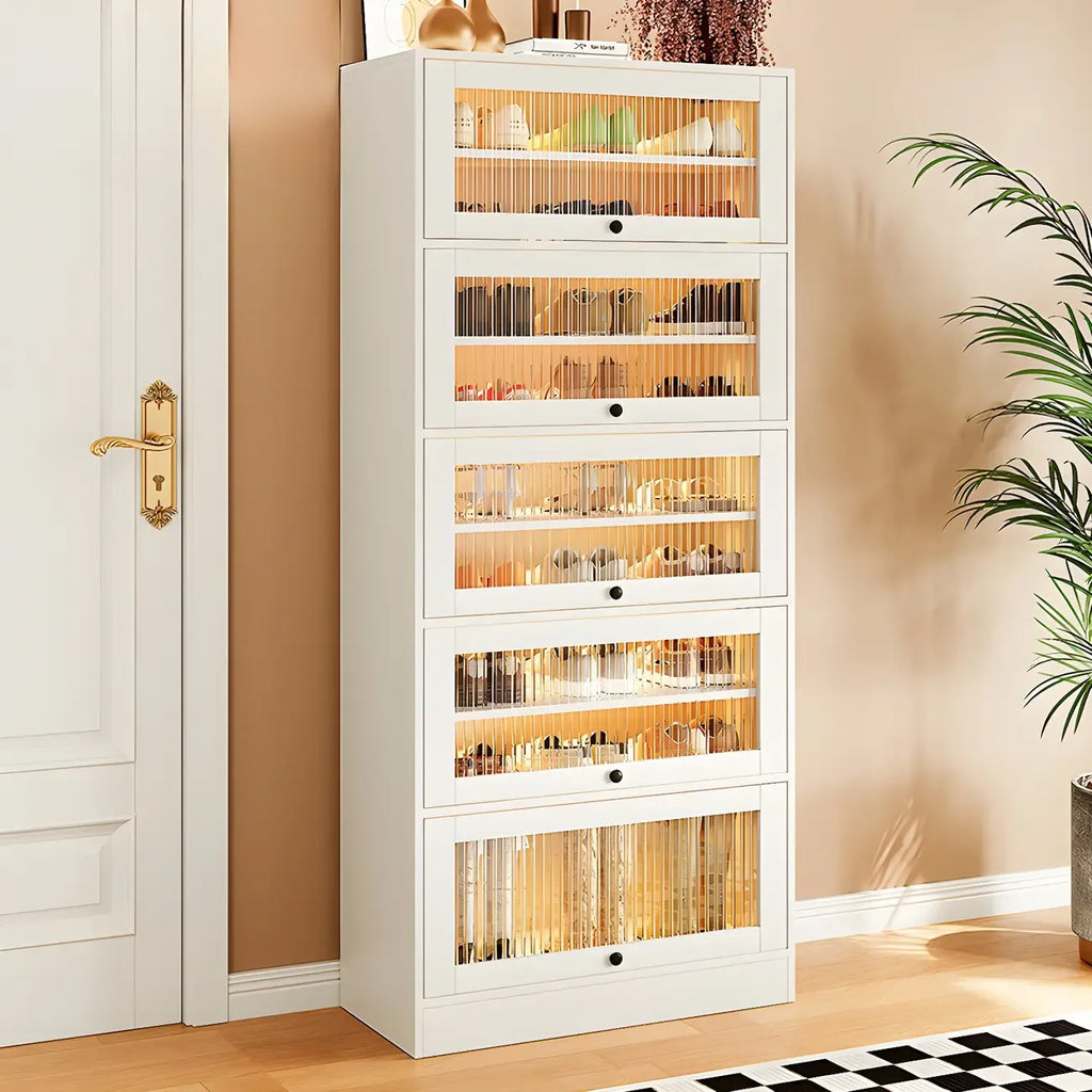Hallway White Wood Shoe Cabinet with Glass Doors