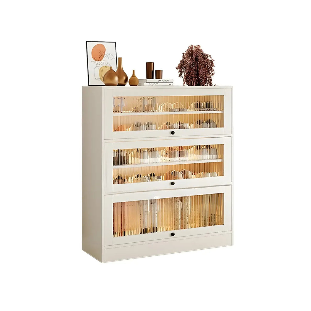 Hallway White Wood Shoe Cabinet with Glass Doors