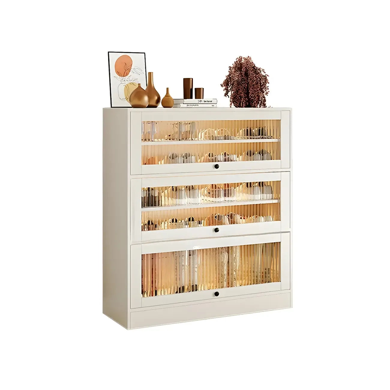 Hallway White Wood Shoe Cabinet with Glass Doors