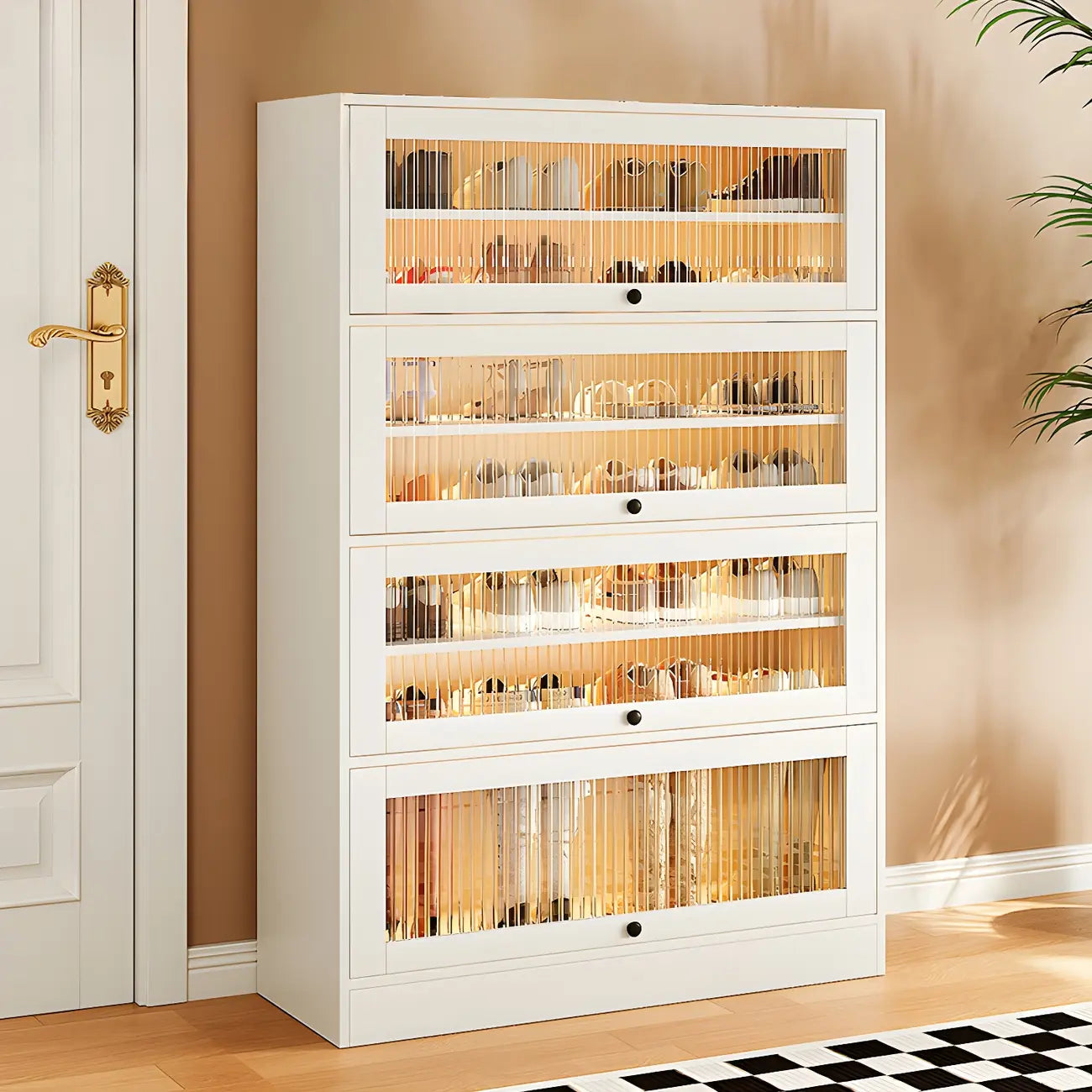 Hallway White Wood Shoe Cabinet with Glass Doors