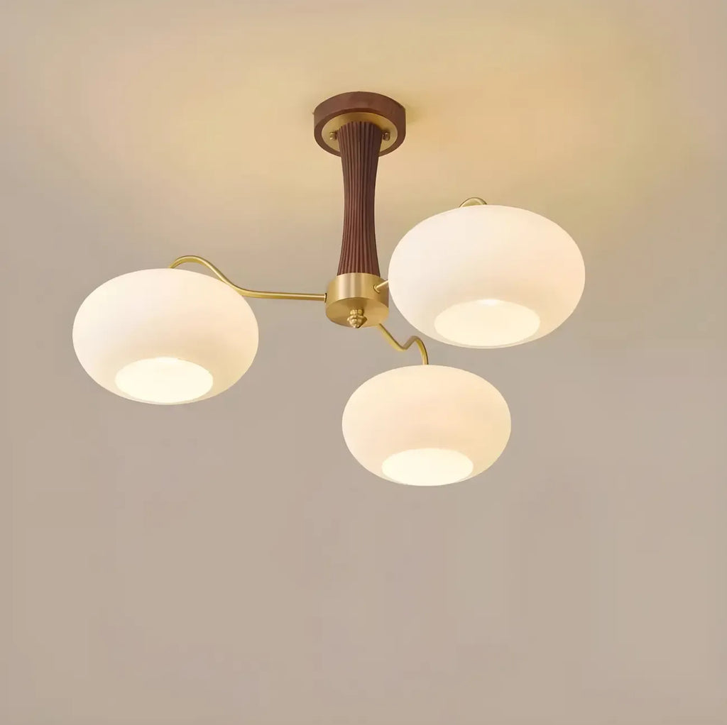 Classic Large Glass Drum Walnut Wood Semi Flush Ceiling Light