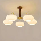 Classic Large Glass Drum Walnut Wood Semi Flush Ceiling Light