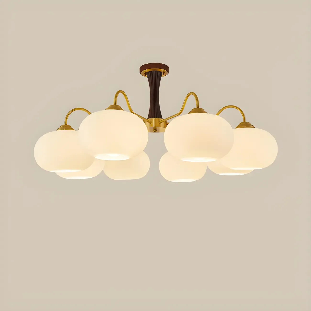 Classic Large Glass Drum Walnut Wood Semi Flush Ceiling Light