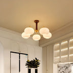 Classic Large Glass Drum Walnut Wood Semi Flush Ceiling Light
