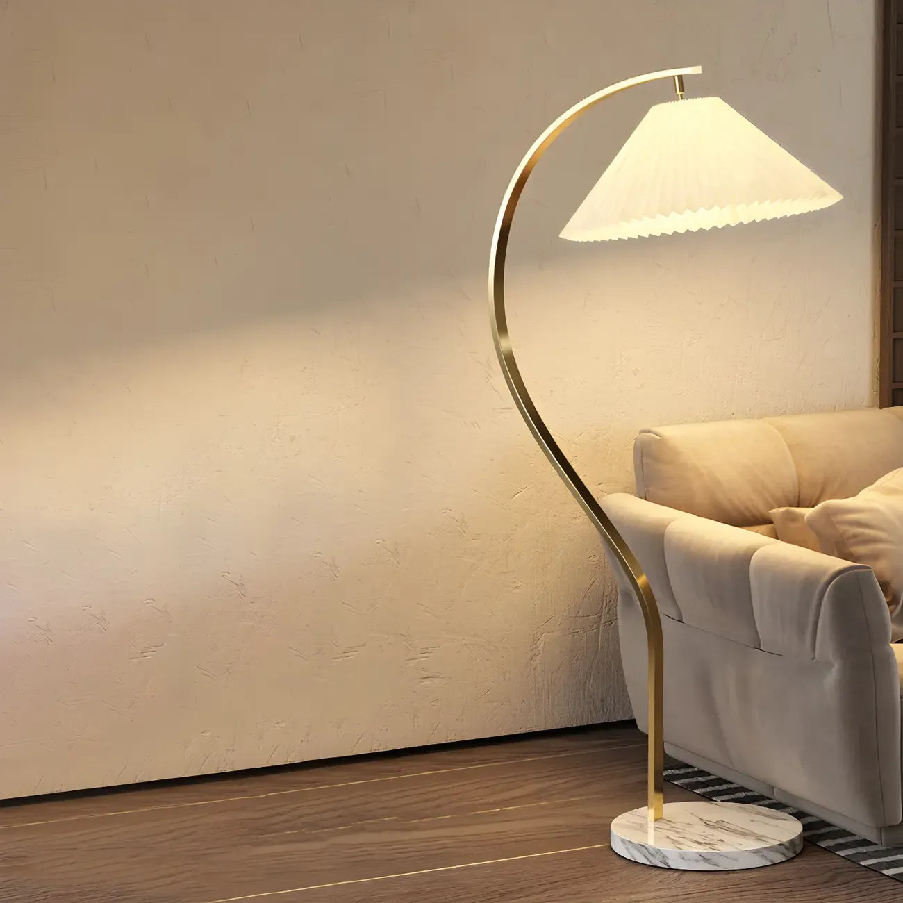 Modern Arc Floor Lamp with Pleated Cone Shade for Living Room