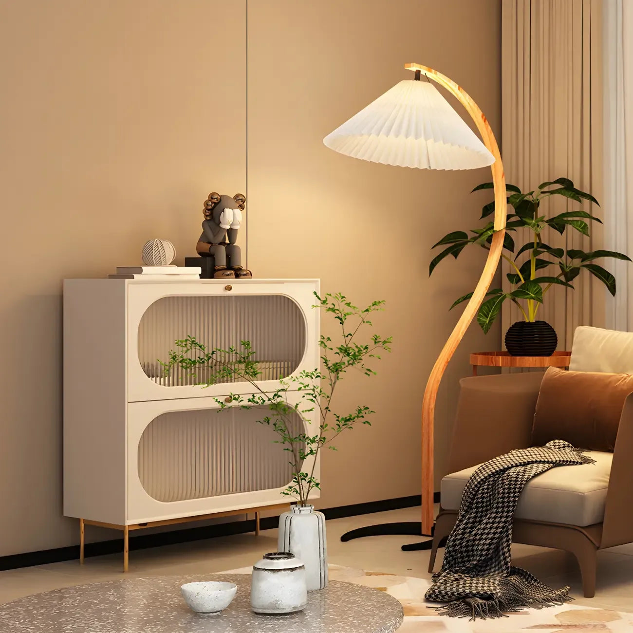 Modern Arc Floor Lamp with Pleated Cone Shade for Living Room