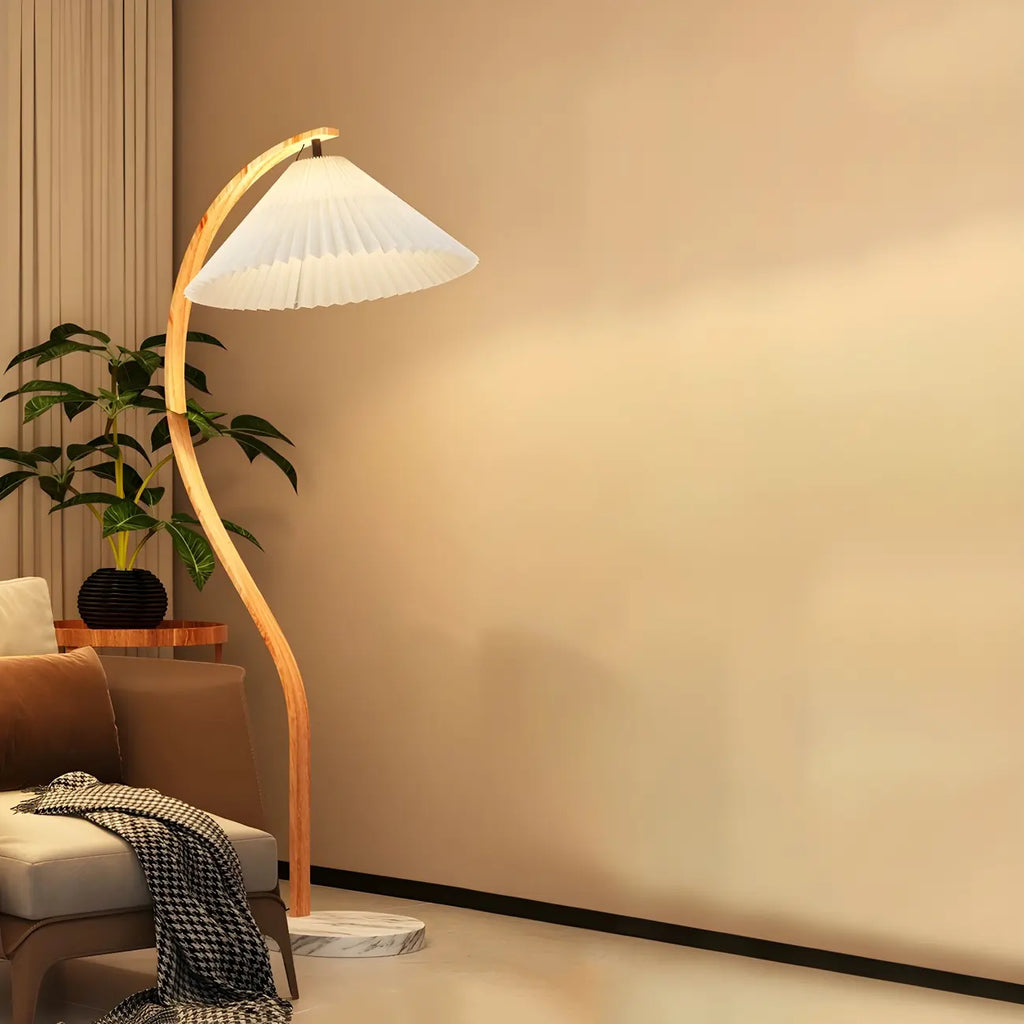 Modern Arc Floor Lamp with Pleated Cone Shade for Living Room