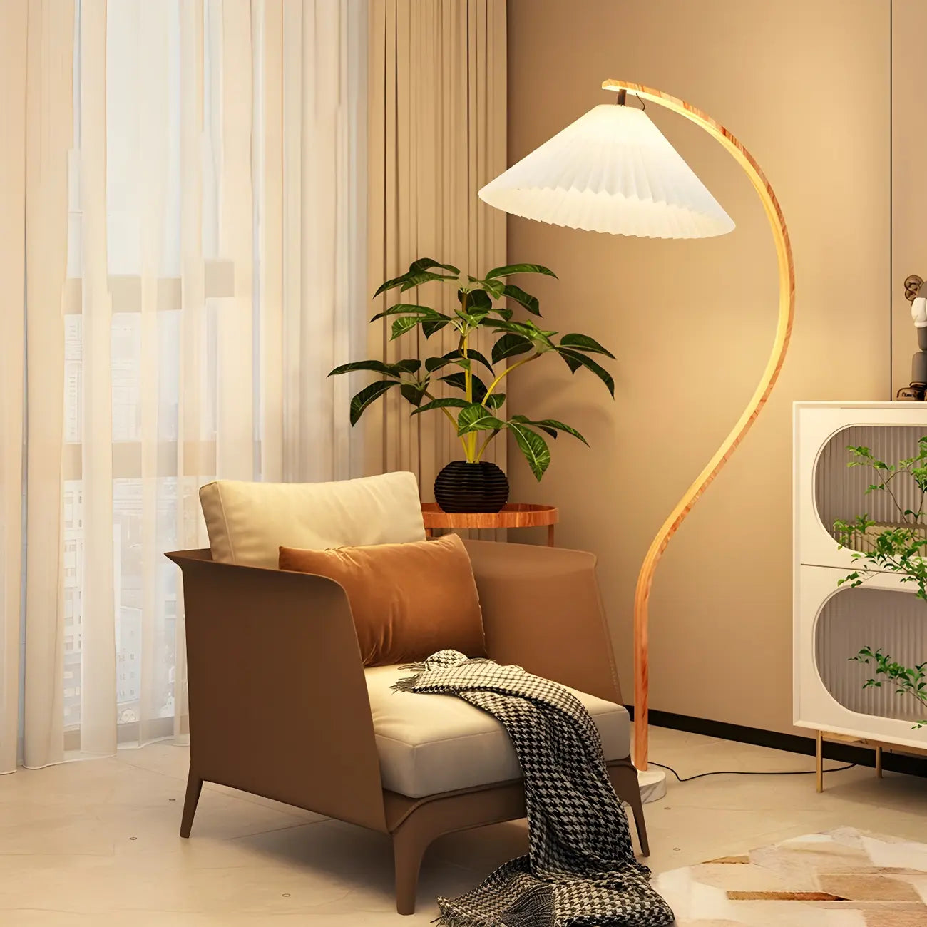 Modern Arc Floor Lamp with Pleated Cone Shade for Living Room