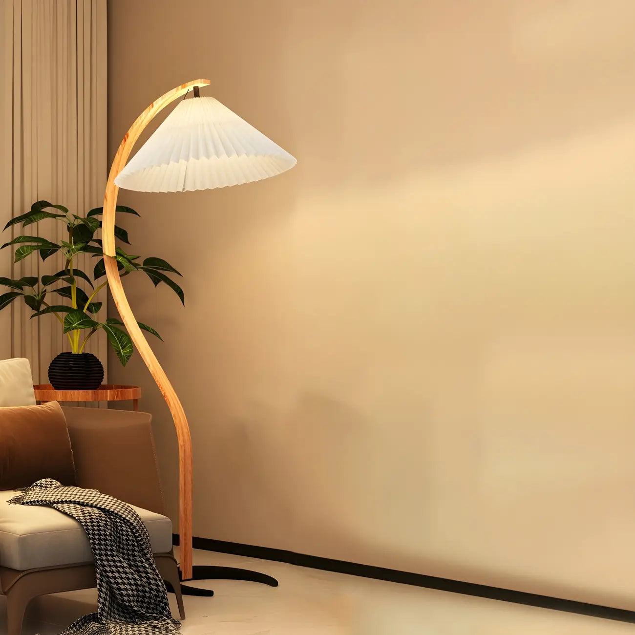 Modern Arc Floor Lamp with Pleated Cone Shade for Living Room
