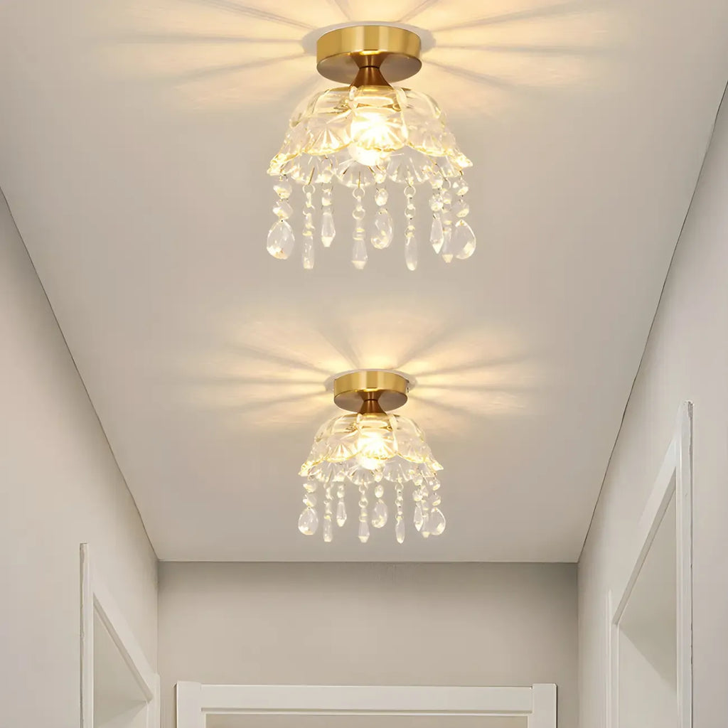 Elegant Golden Crystal Flower Dome Semi Flush Ceiling Light