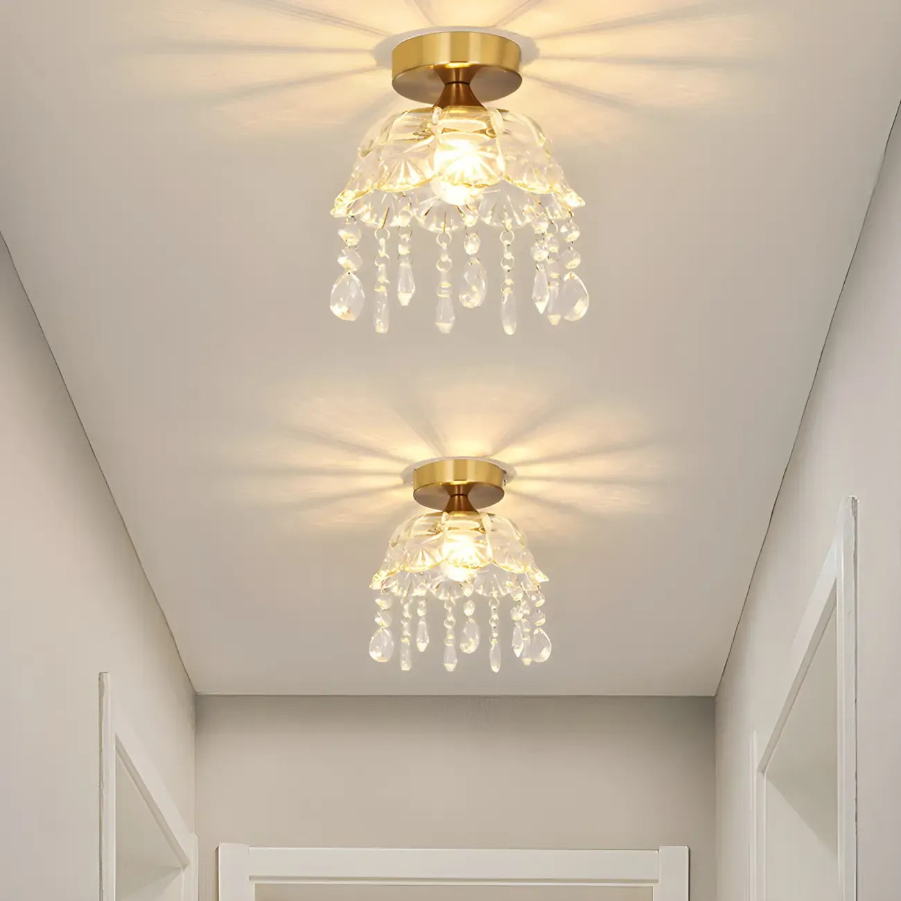 Elegant Golden Crystal Flower Dome Semi Flush Ceiling Light