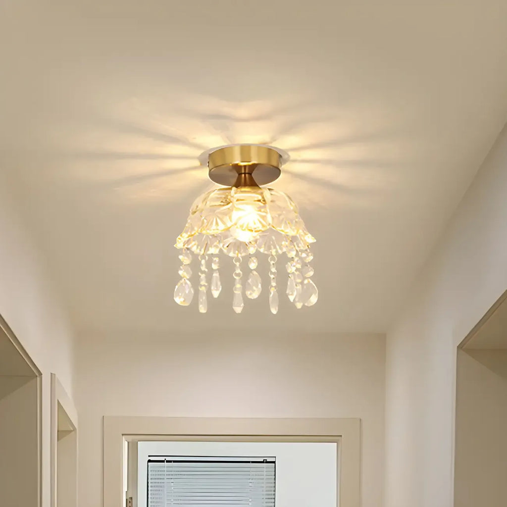 Elegant Golden Crystal Flower Dome Semi Flush Ceiling Light
