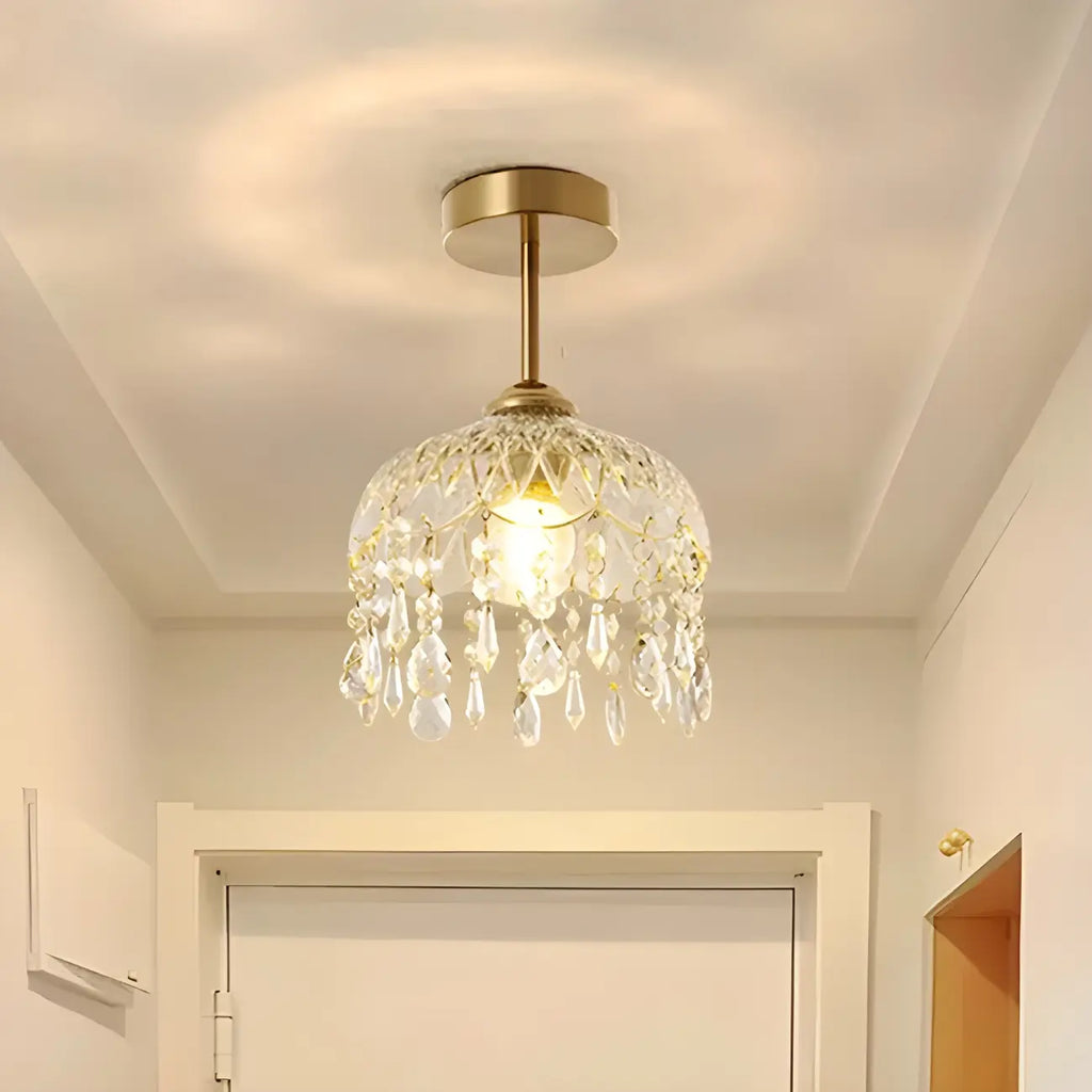Elegant Golden Crystal Flower Dome Semi Flush Ceiling Light