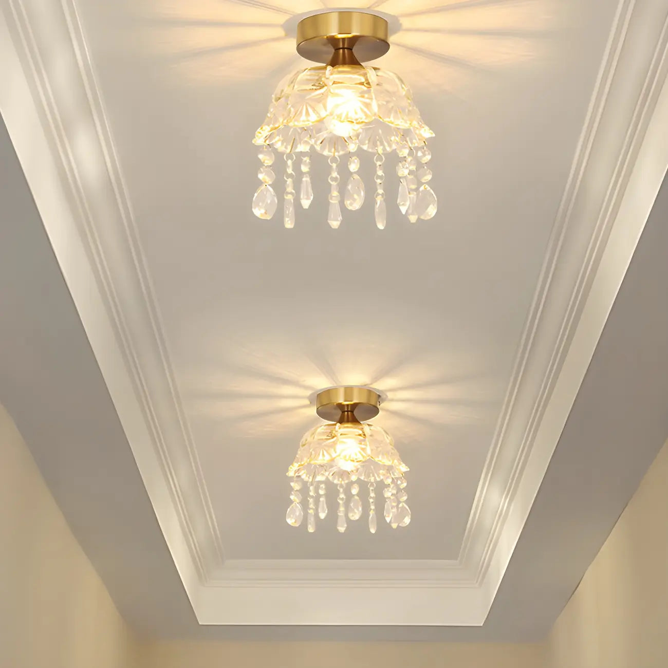Elegant Golden Crystal Flower Dome Semi Flush Ceiling Light
