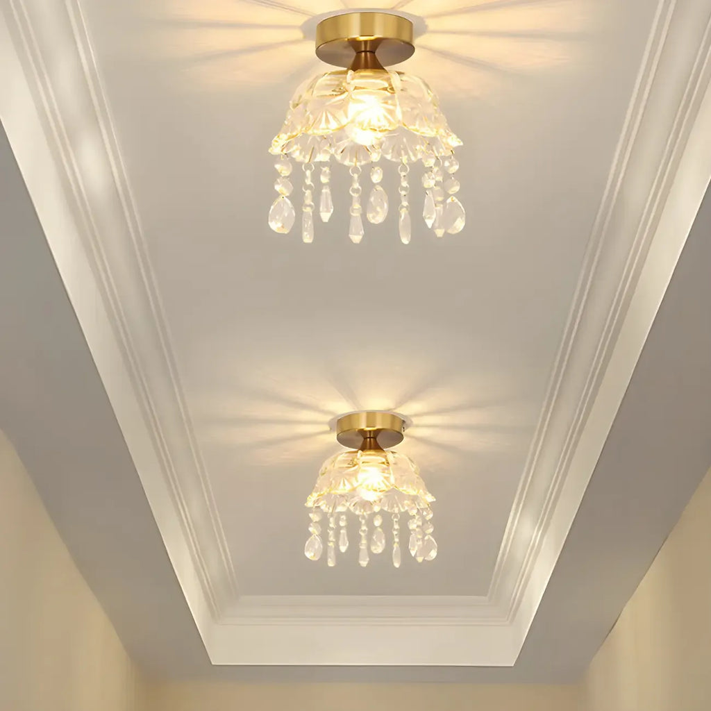 Elegant Golden Crystal Flower Dome Semi Flush Ceiling Light