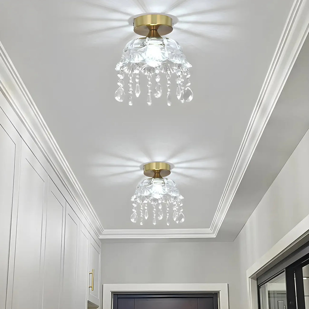 Elegant Golden Crystal Flower Dome Semi Flush Ceiling Light