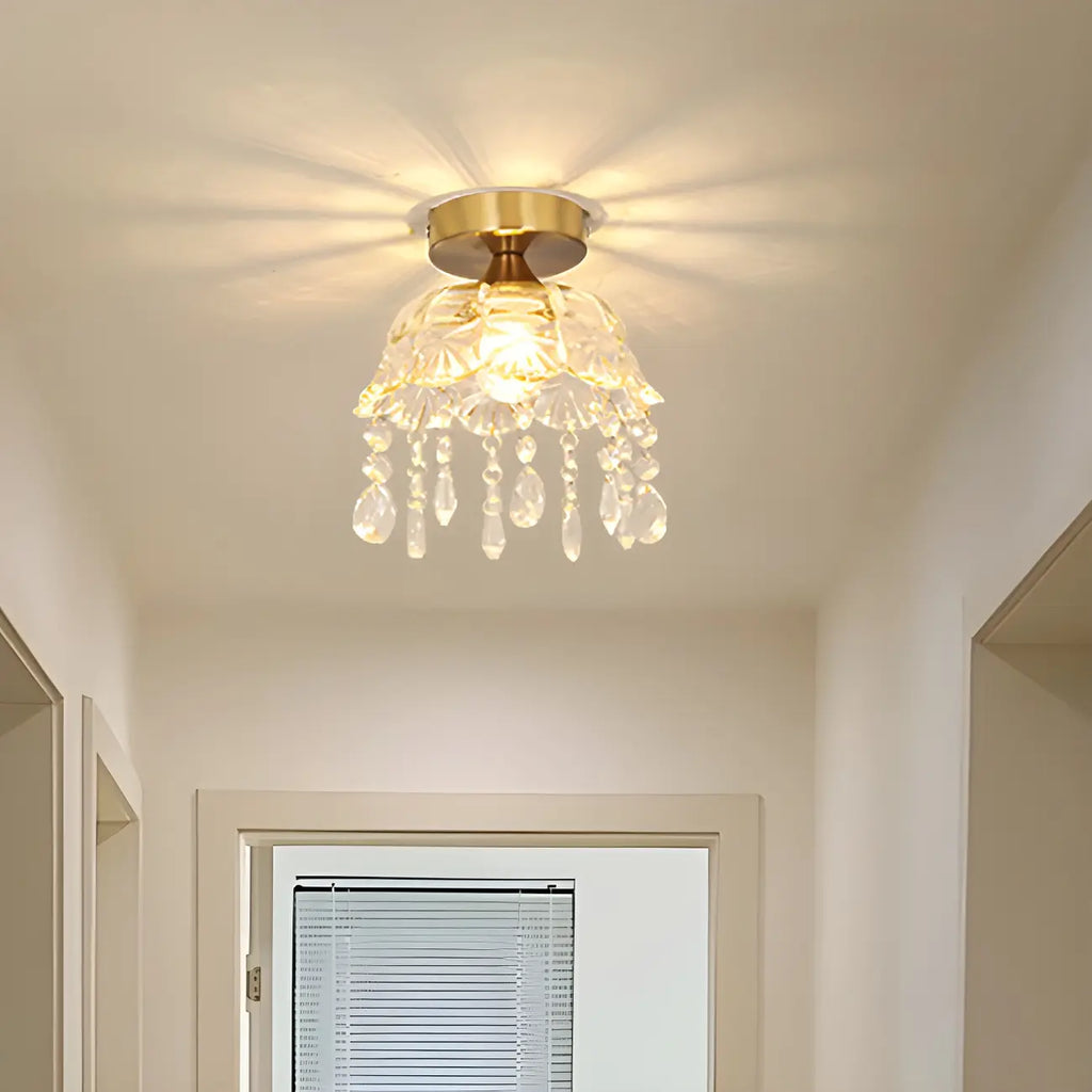 Elegant Golden Crystal Flower Dome Semi Flush Ceiling Light