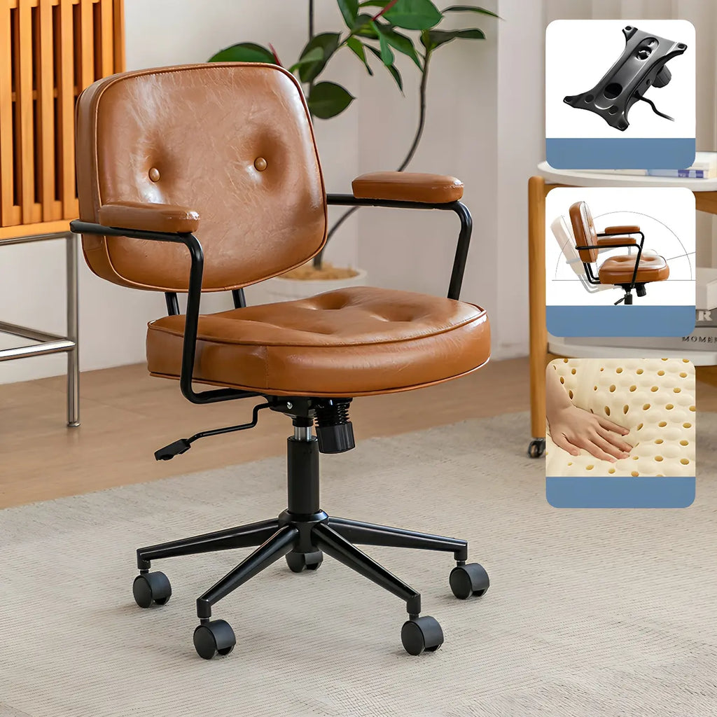 Modern Brown Leather Swivel Low-Back Office Chair