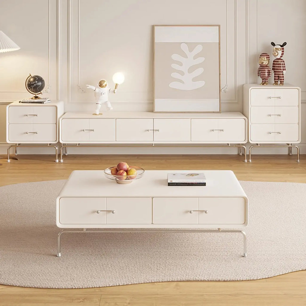 Contemporary White Wooden TV Stand with Drawers and Cabinet