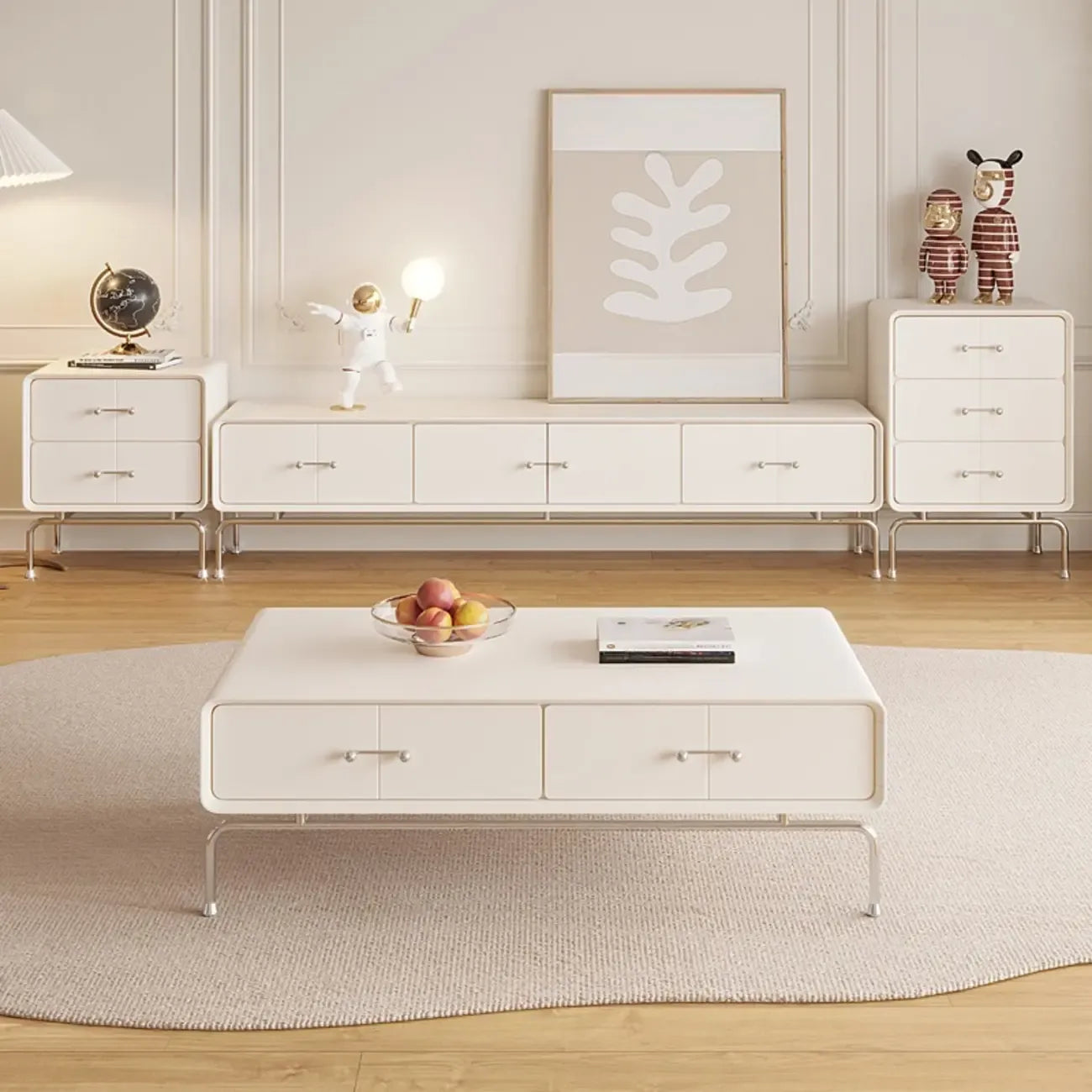 Contemporary White Wooden TV Stand with Drawers and Cabinet