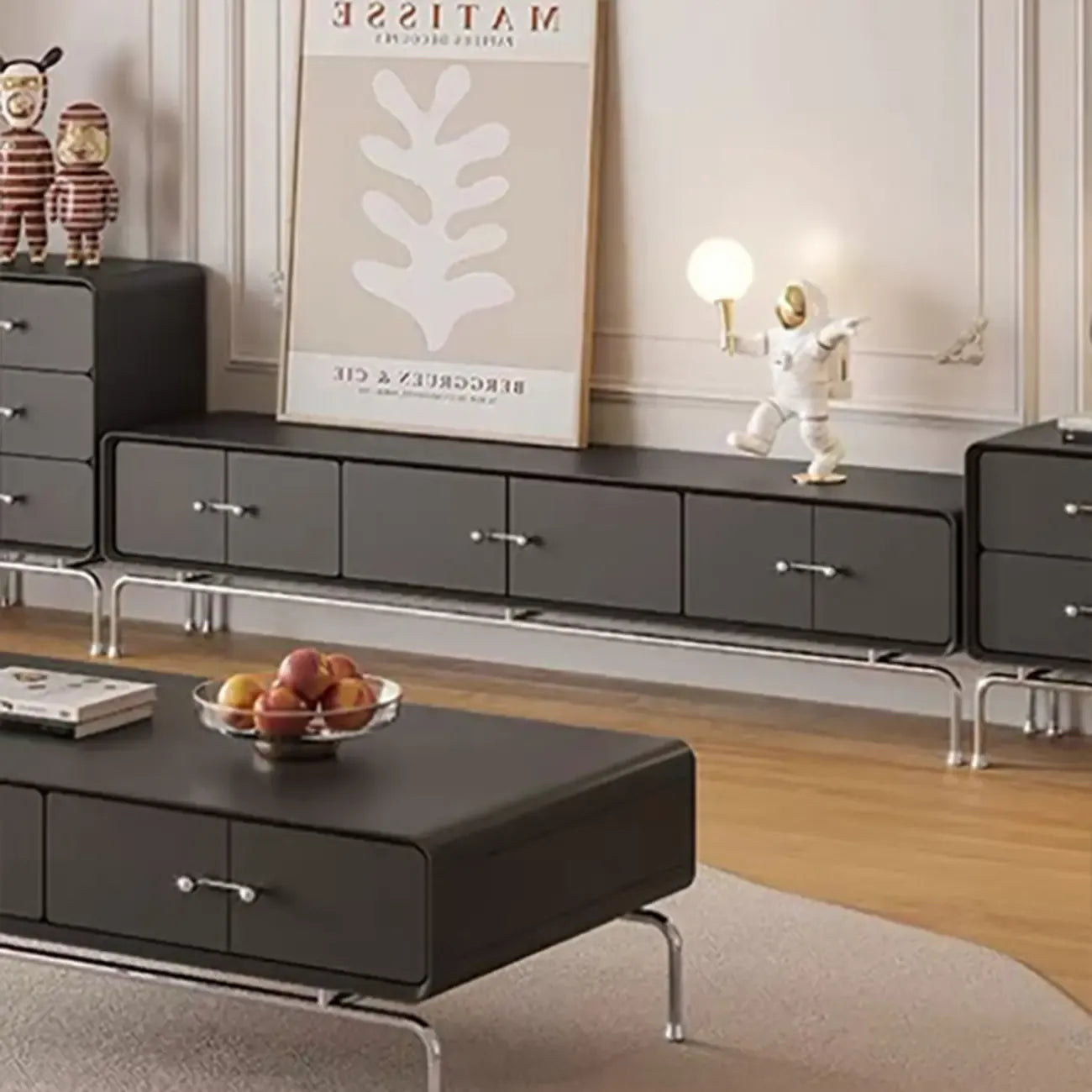 Contemporary White Wooden TV Stand with Drawers and Cabinet