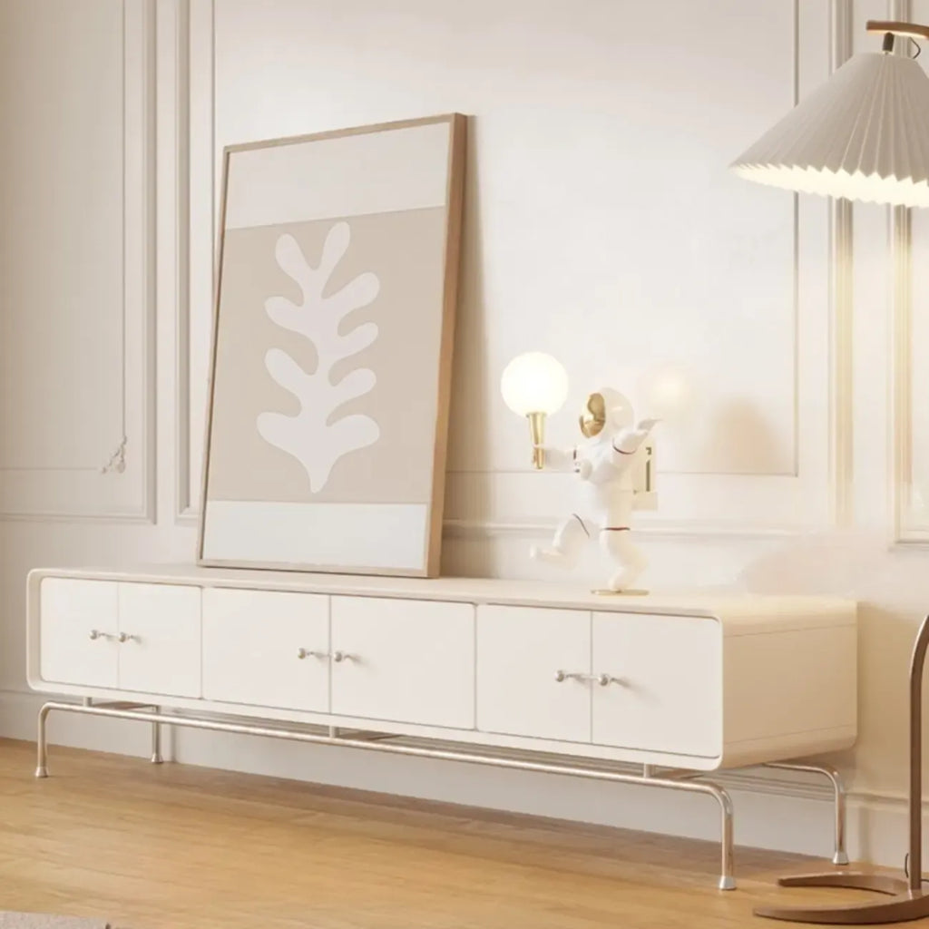 Contemporary White Wooden TV Stand with Drawers and Cabinet