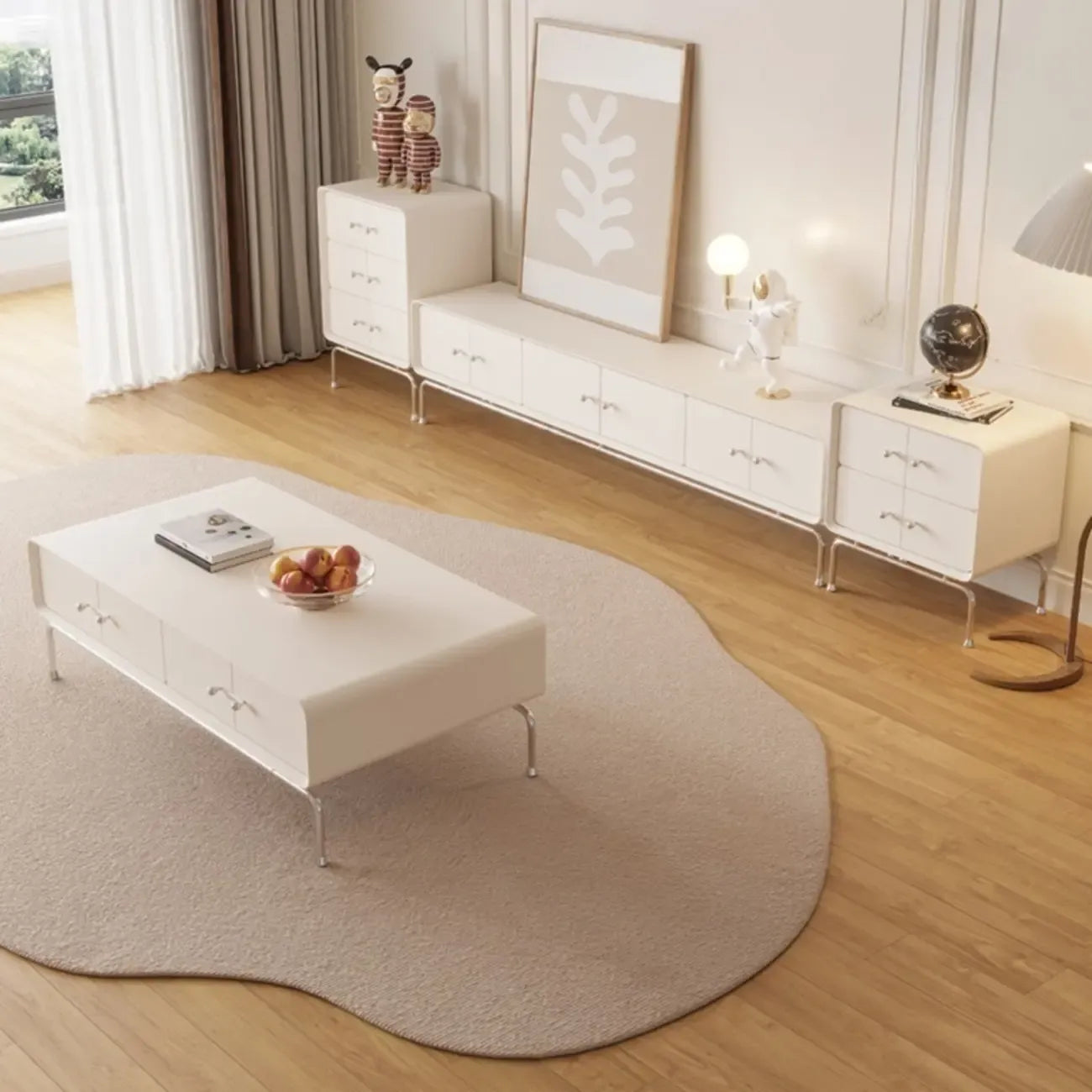 Contemporary White Wooden TV Stand with Drawers and Cabinet