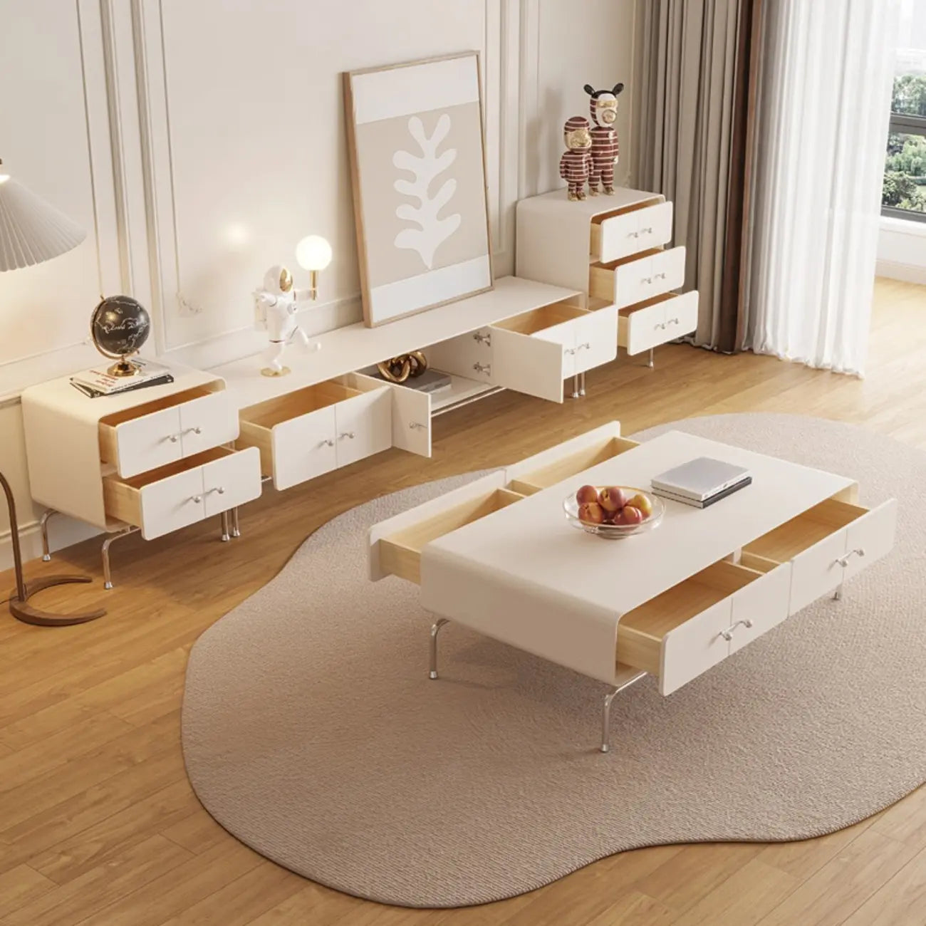 Contemporary White Wooden TV Stand with Drawers and Cabinet