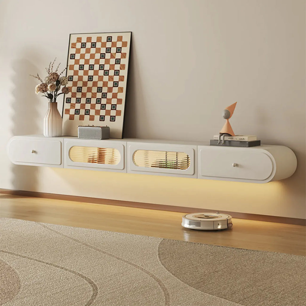 Minimalist Wooden Floating TV Stand with Lighting & Drawers
