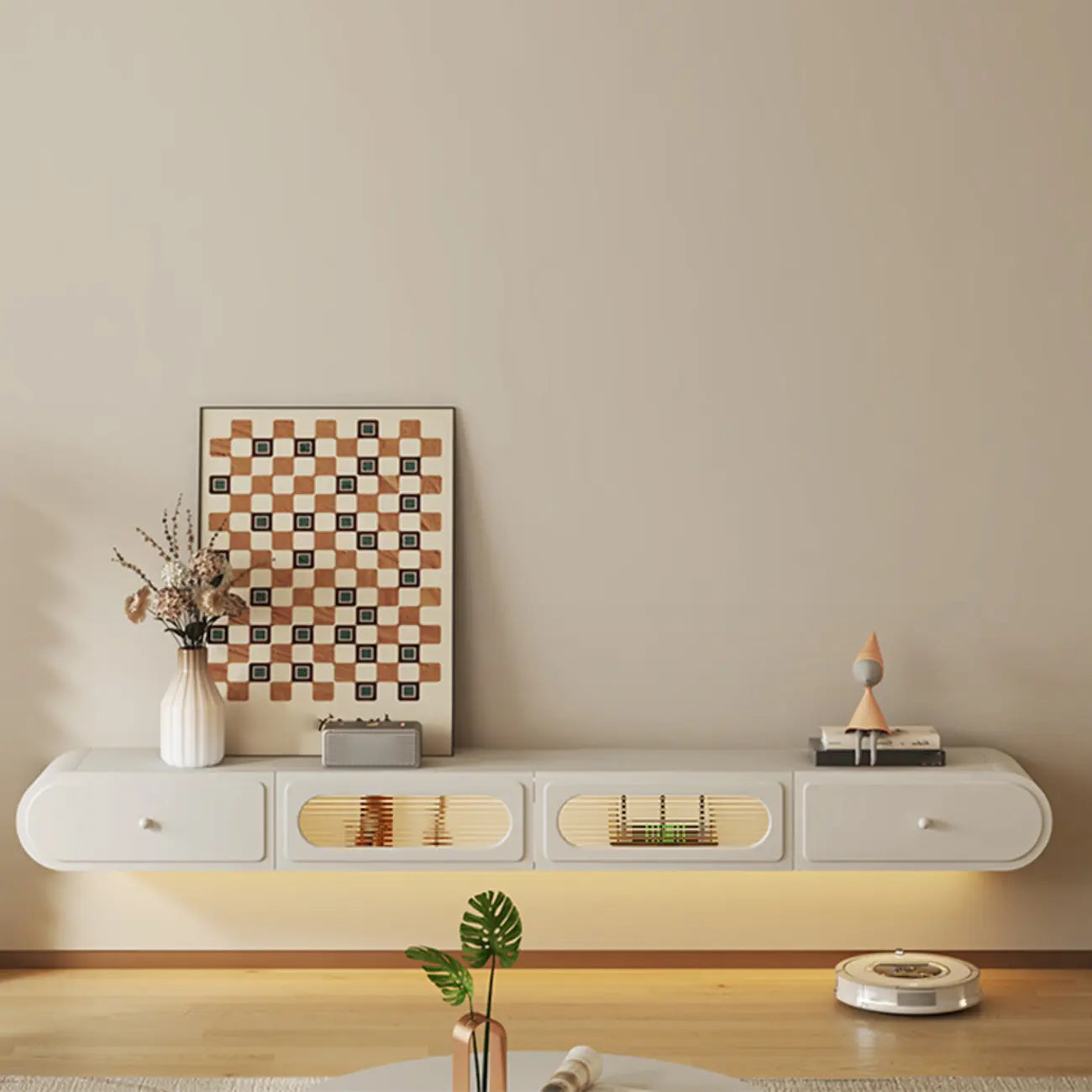 Minimalist Wooden Floating TV Stand with Lighting & Drawers