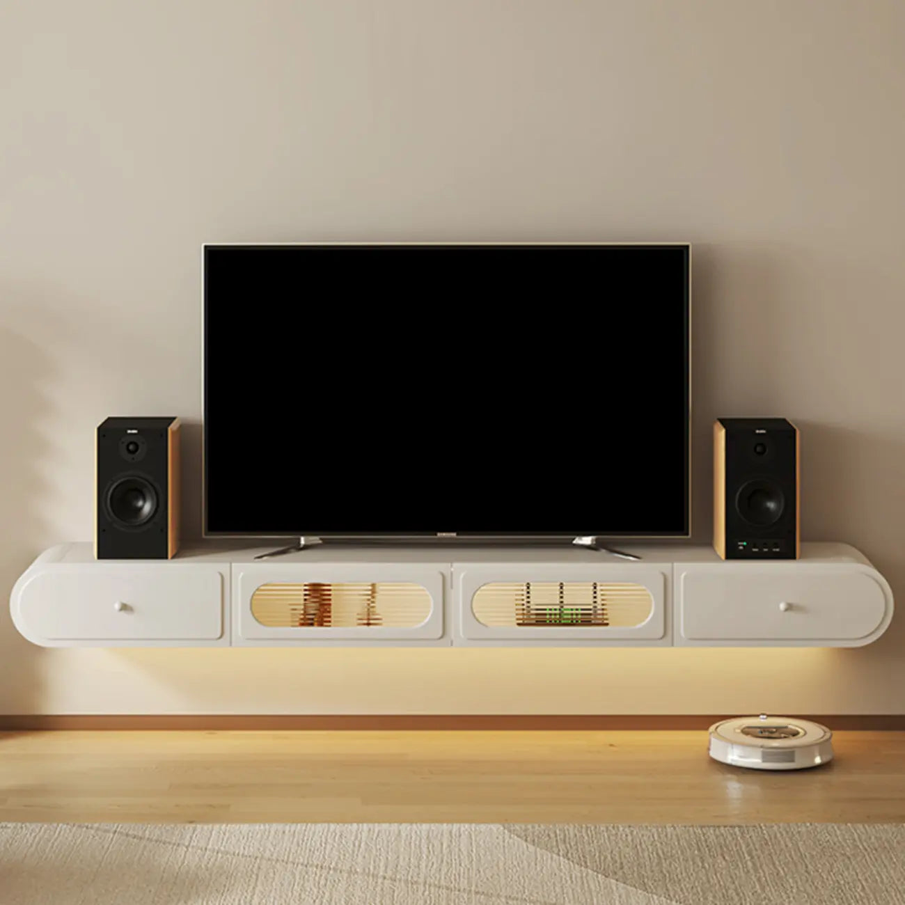 Minimalist Wooden Floating TV Stand with Lighting & Drawers